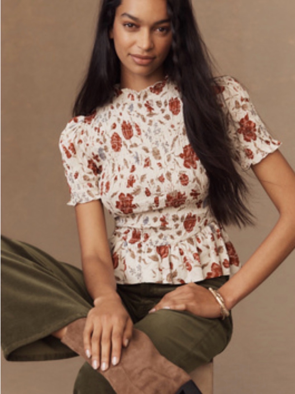 Reformation Cream Smocked Floral
Peplum Top with Red Blooms